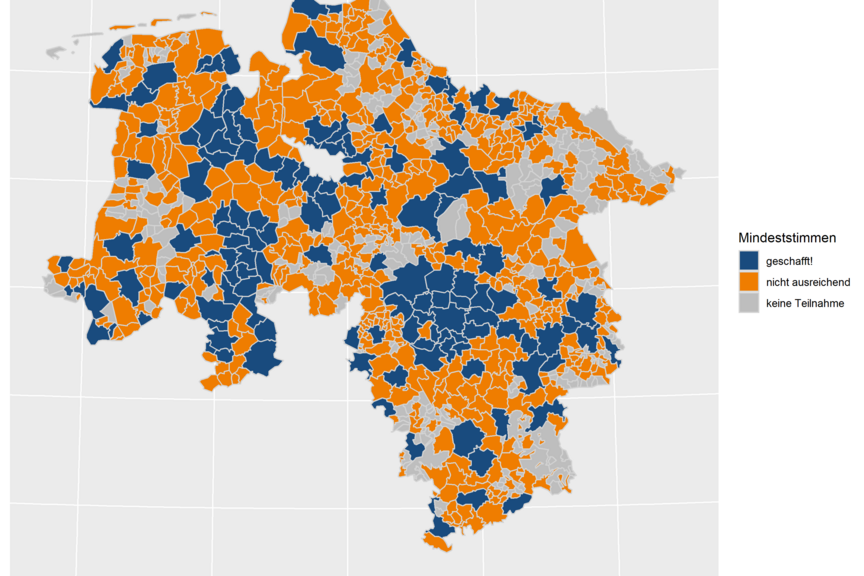 Orte mit ausreichend Teilnahmen in Niedersachsen Auf einer Niedersachsenkarte sind alle Orte blau markiert, die es geschafft haben, in die Wertung zu kommen. Augenscheinlich ist ein Drittel blau. Orte, die Teilgenommen haben, aber nicht in die Wertung gekommen sind, sind orange. Einige graue Orte gibt es auch - diese haben gar nicht teilgenommen.