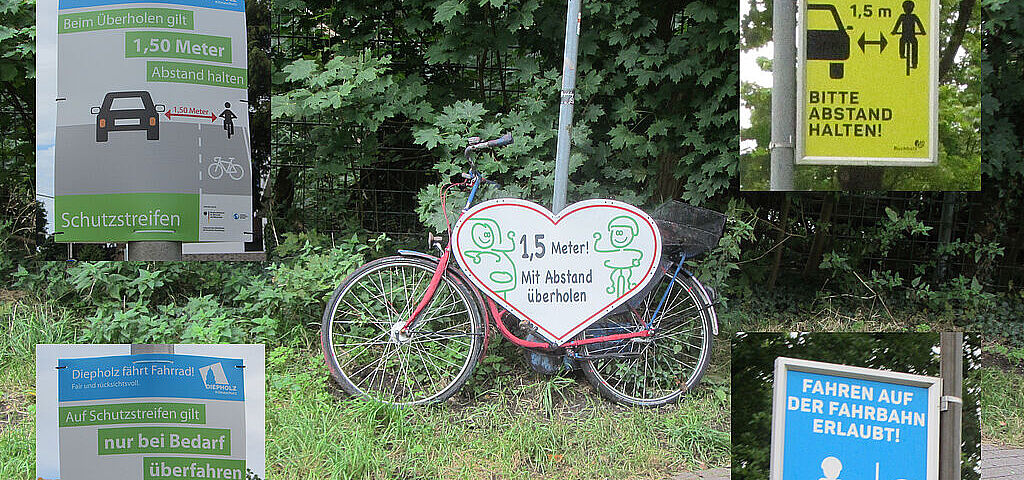 Im Vordergrund in der Mitte ist ein Fahrrad mit einem großen Herz, welches das Fahrrad verdeckt. Auf dem Herz steht bitte mit 1,50 m Abstand überholen. An den Seiten sind Hinweisschilder, die auf Seitenstreifen für Fahrräder, Überholabstand innerorts und auf Fahrräder auf der Fahrban hinweisen