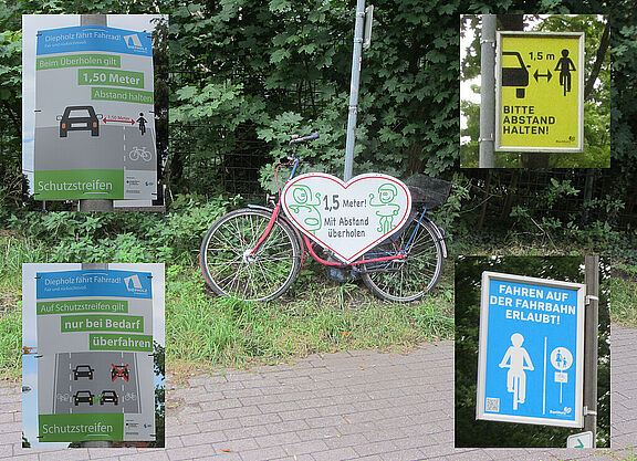 Im Vordergrund in der Mitte ist ein Fahrrad mit einem großen Herz, welches das Fahrrad verdeckt. Auf dem Herz steht bitte mit 1,50 m Abstand überholen. An den Seiten sind Hinweisschilder, die auf Seitenstreifen für Fahrräder, Überholabstand innerorts und auf Fahrräder auf der Fahrban hinweisen