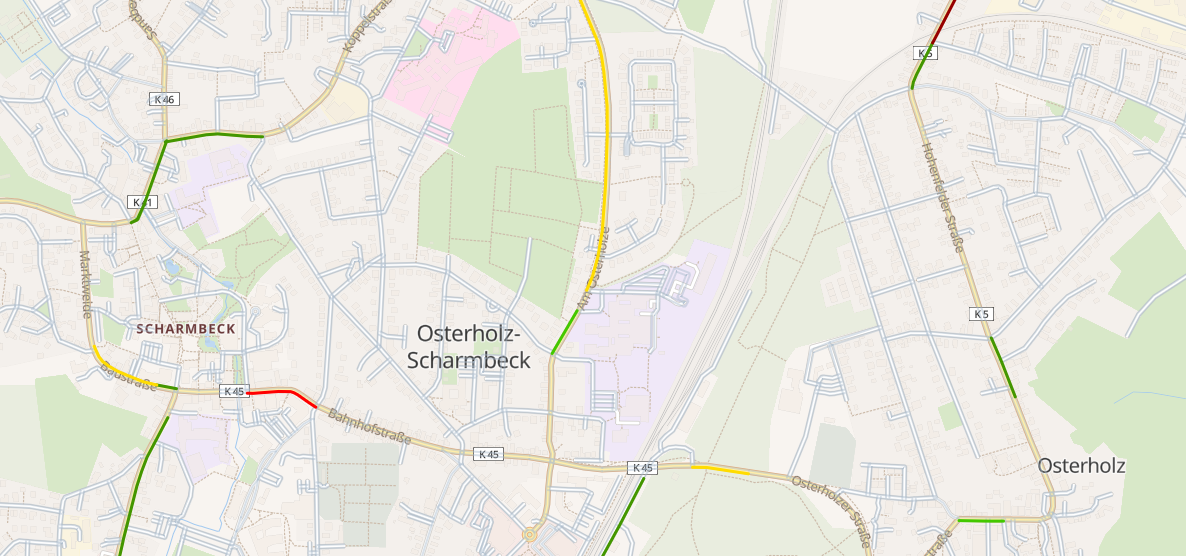 Das Bild zeigt eine Straßenkarte von Osterholz-Scharmbeck. Straßen mit Abstandsmessdaten sind rot, gelb oder grün hinterlegt.