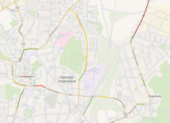 Das Bild zeigt eine Straßenkarte von Osterholz-Scharmbeck. Straßen mit Abstandsmessdaten sind rot, gelb oder grün hinterlegt.