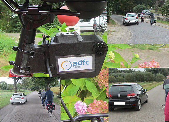 Im Vordergrund ein schwarzer Kasten mit der Aufschrift ADFC Osterholz; links unten überholt ein Auto eine Gruppe Radler:innen; rechts unten überholt ein schwarzes Auto Radler:innen; rechts oben überholt innerorts ein Auto eine Gruppe Radler:innen