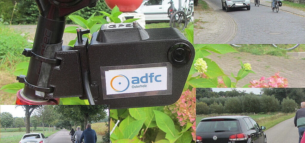 Im Vordergrund ein schwarzer Kasten mit der Aufschrift ADFC Osterholz; links unten überholt ein Auto eine Gruppe Radler:innen; rechts unten überholt ein schwarzes Auto Radler:innen; rechts oben überholt innerorts ein Auto eine Gruppe Radler:innen