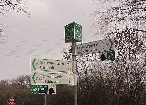 Zu sehen ist ein Wegweiser. Oben auf dem Wegweiser ist in weiß auf grün die Zahl 61. Darunter sind Richtungsweiser in weiß mit grüner Schrift und unter einigen hängen kleine Klapptafel, die Touren bezeichnen.