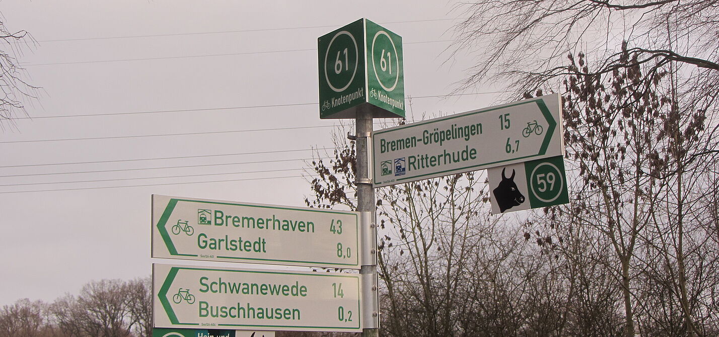 Zu sehen ist ein Wegweiser. Oben auf dem Wegweiser ist in weiß auf grün die Zahl 61. Darunter sind Richtungsweiser in weiß mit grüner Schrift und unter einigen hängen kleine Klapptafel, die Touren bezeichnen.