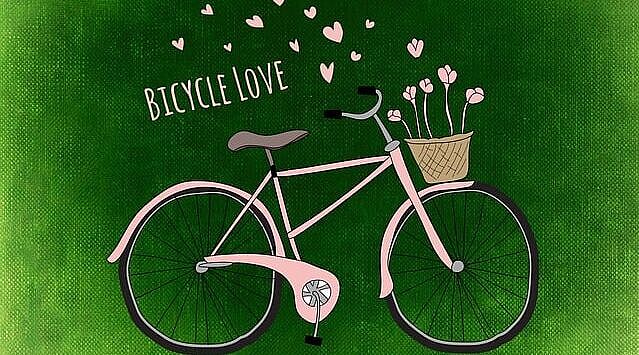 Ein rosafarbendes Herrenrad, vor grasgrünem Hintergrund,  mit Korb am Lenker, in dem Blumen stehen, deren Blütenblätter über das Fahrrad wehen. Inmitten der fliegenden Blütenblätter der Schriftzug Bicycle Love.