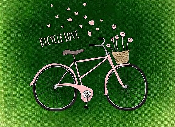 Ein rosafarbendes Herrenrad, vor grasgrünem Hintergrund,  mit Korb am Lenker, in dem Blumen stehen, deren Blütenblätter über das Fahrrad wehen. Inmitten der fliegenden Blütenblätter der Schriftzug Bicycle Love.