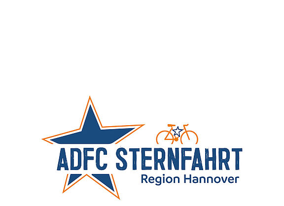 Logo der ADFC-Sternfahrt; blauer Stern mit Rahmen in orange, Text ADFC STERNFAHRT Region Hannover in blau und stilisiertem Fahrrad überm Text in orange