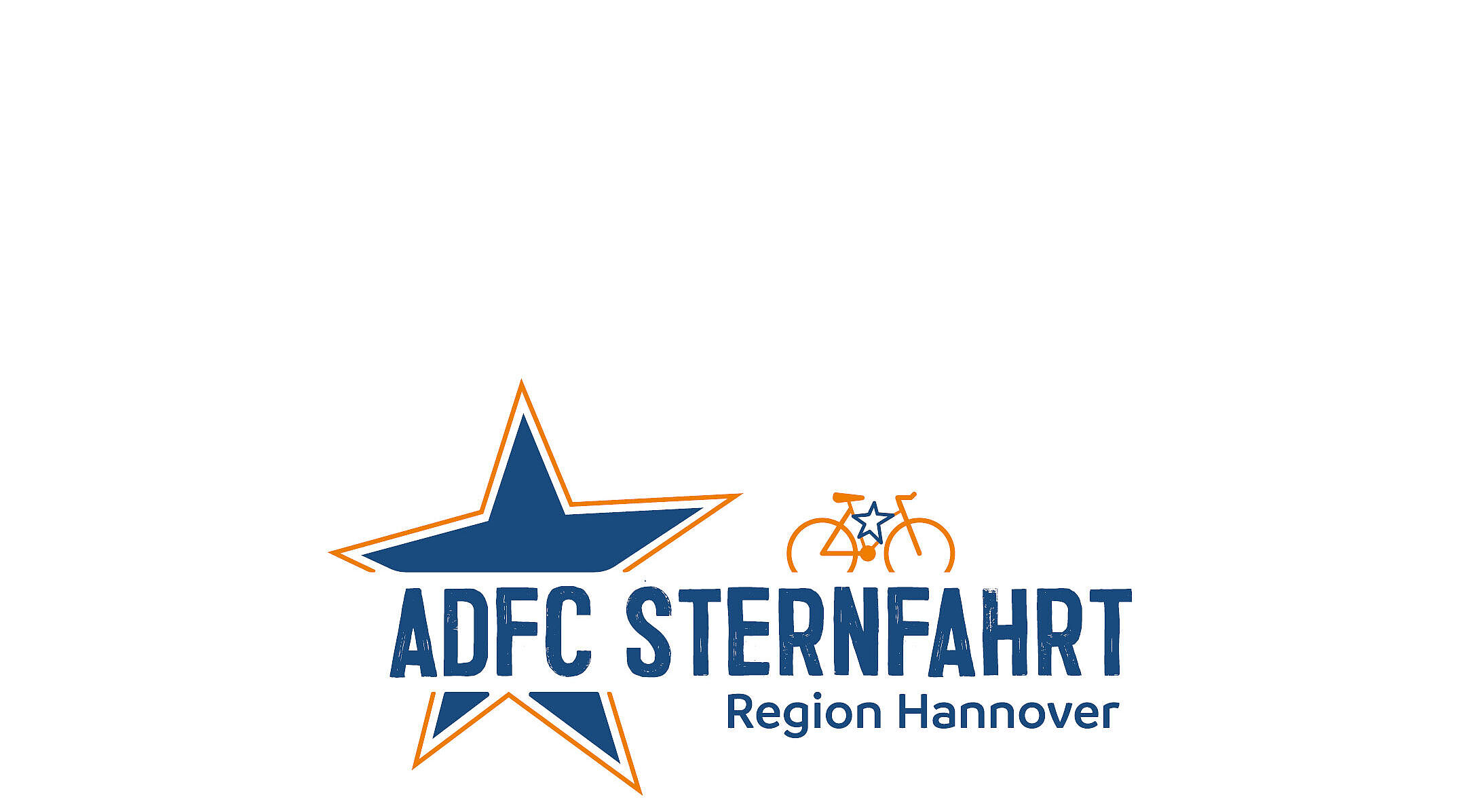 Logo der ADFC-Sternfahrt; blauer Stern mit Rahmen in orange, Text ADFC STERNFAHRT Region Hannover in blau und stilisiertem Fahrrad überm Text in orange