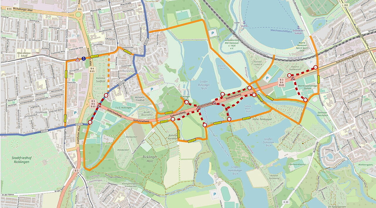 Auf einer Stadtkarte sind die Umleitungen in orange eingezeichnet, um die Baustellensperrungen am Südschnellweg in Hannover zu umfahren.