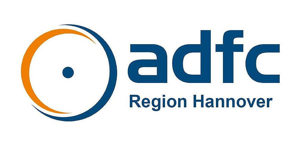 Logo ADFC Region Hannover mit stilisiertem Rad in orange/blau und dem Text: adfc Region Hannover